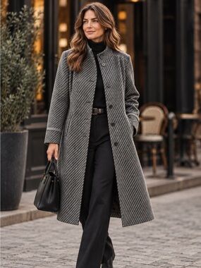 Vintage Creation Omni Wool Blend Longline  Gray Diagonal Stripe High Collar Coat